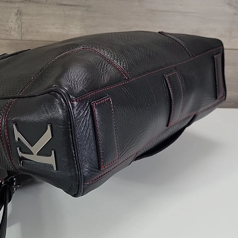 Karpassi Black Leather Briefcase Laptop Bag with Red Stitching